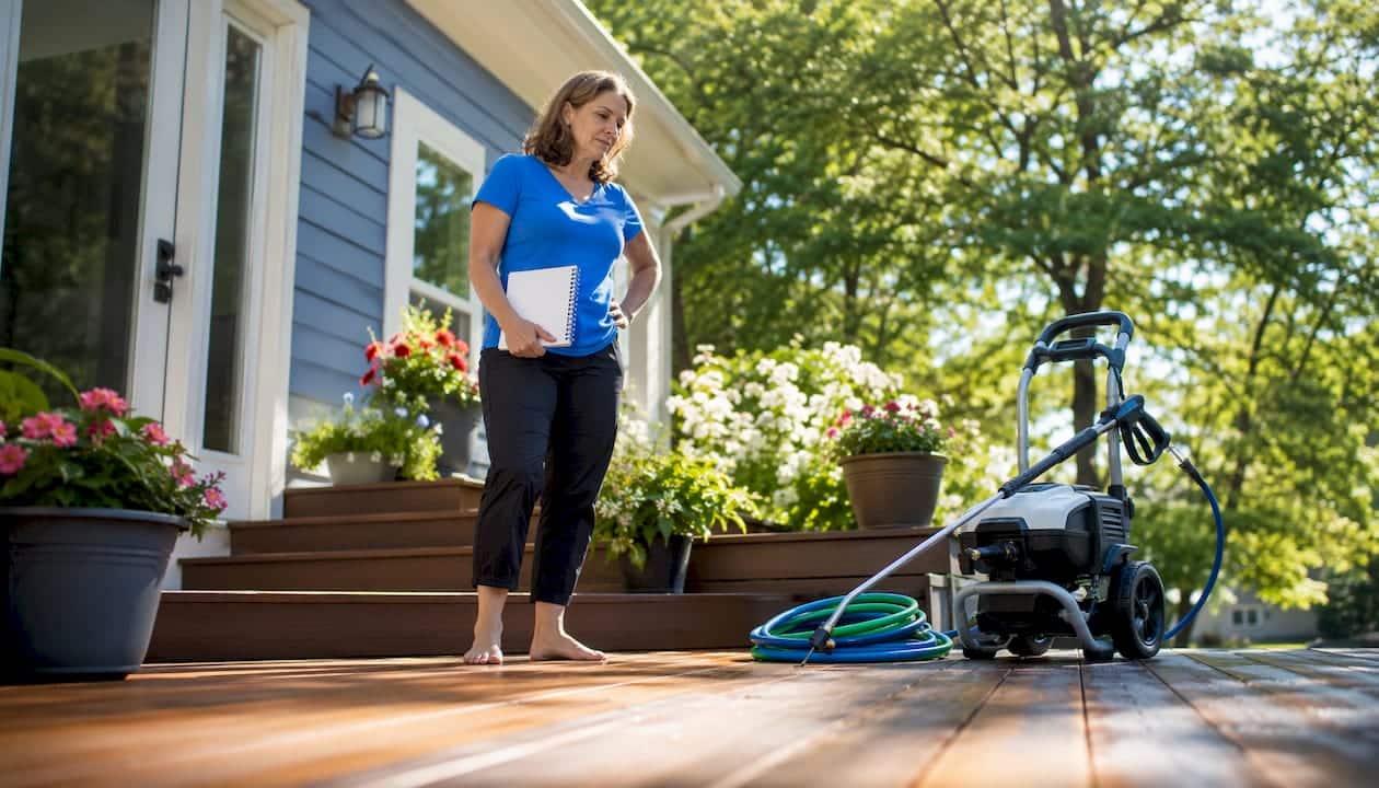 Homeowner evaluating exterior washing methods outdoors
