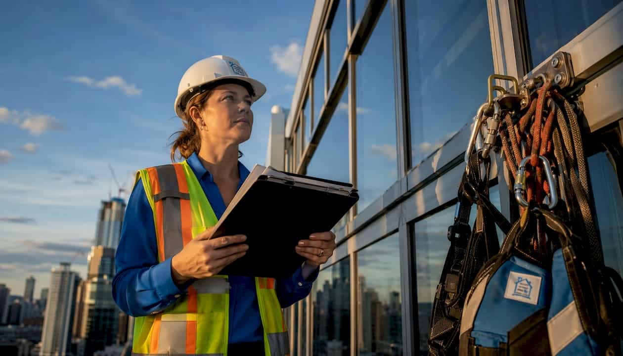 Inspector checking window cleaning anchors
